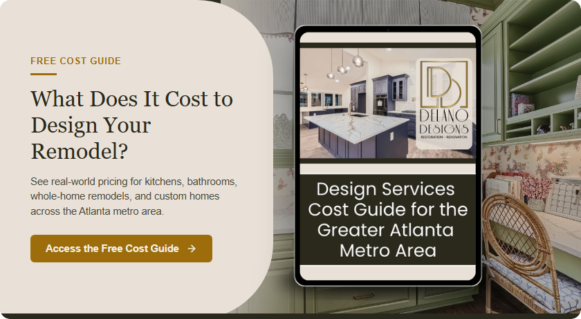 Delano Designs free cost guide CTA banner featuring the Design Services Cost Guide on a tablet over an office nook with green cabinetry, Atlanta, GA