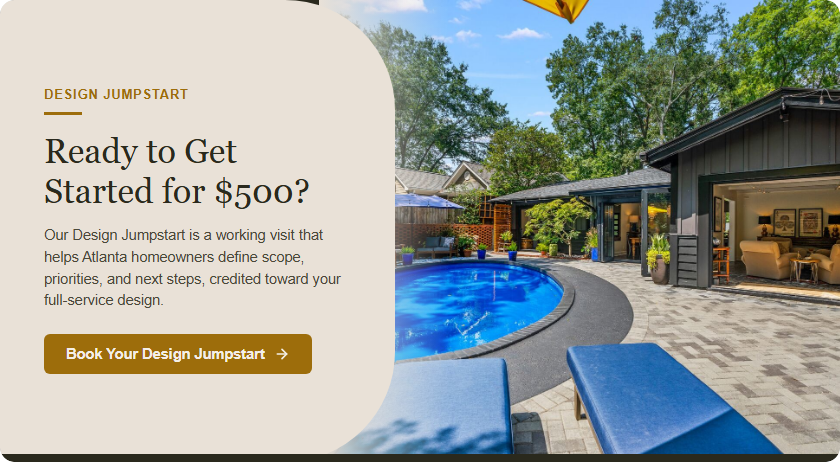 Delano Designs Design Jumpstart CTA banner featuring a pool and patio with folding glass doors open to the living room, Atlanta, GA