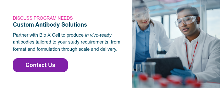 DISCUSS PROGRAM NEEDS Custom Antibody Solutions   Partner with Bio&nbsp;X&nbsp;Cell to produce <i>in vivo</i>-ready antibodies tailored to your study requirements, from format and formulation through scale and delivery.  