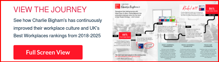 VIEW THE JOURNEY See how Charlie Bigham's has continuously improved their workplace culture and UK's Best Workplaces rankings from 2018-2025  