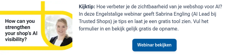 Afbeelding voor een webinar met de titel ‘How can you strengthen your shop’s AI visibility?’ met een zakelijke lay‑out en helder design, gericht op het verbeteren van AI‑zichtbaarheid voor webshops.