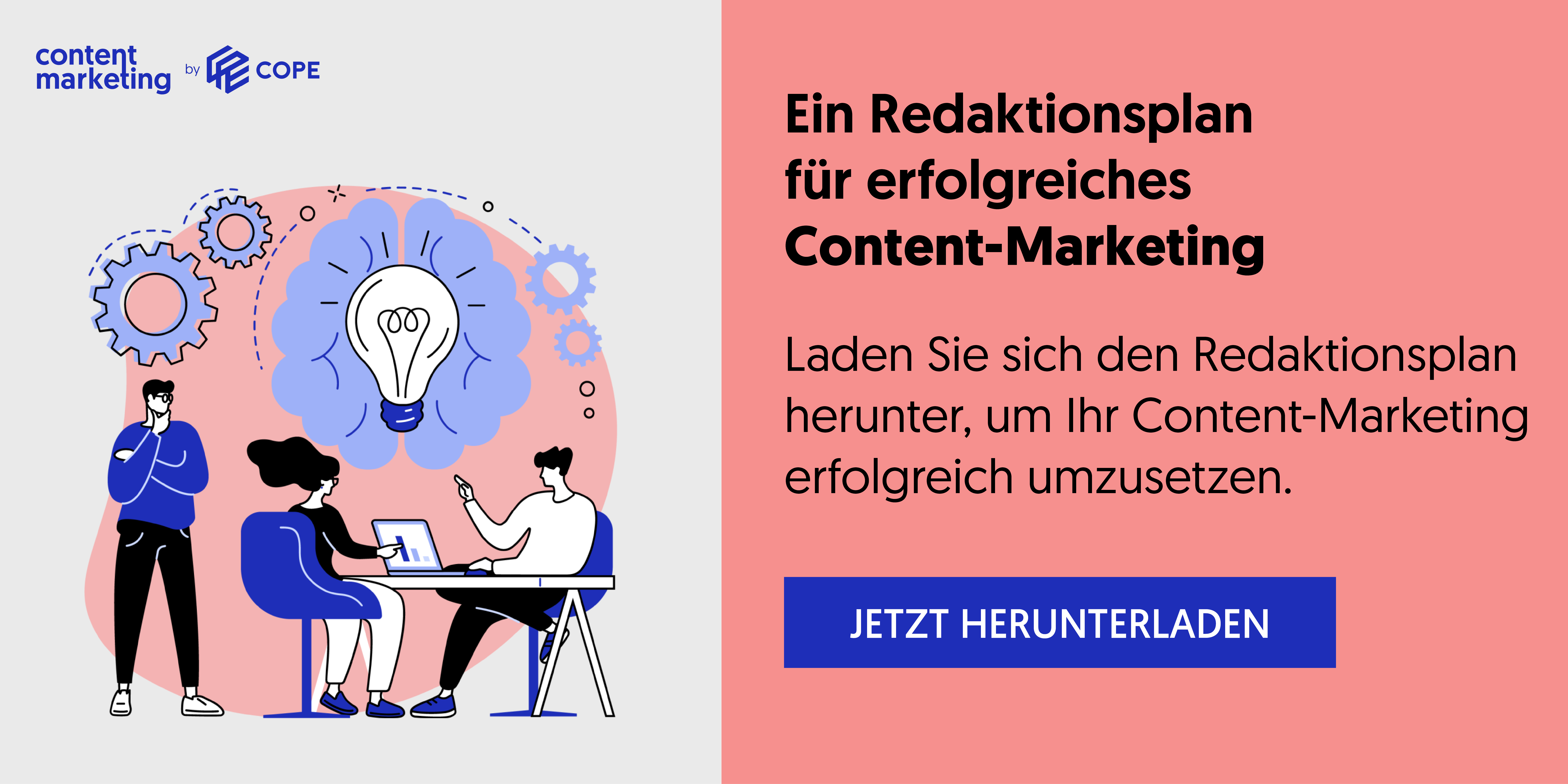 Mitarbeiter sitzen um einen Tisch und brainstormen, Glühbirne und Zahnränder schweben über ihren Köpfen