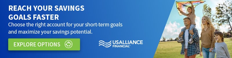 A family flying a kite in the park with the caption,"Reach Your Savings Goals Faster Choose the right account for your short-term goals and maximize your savings potential. Explore Options."