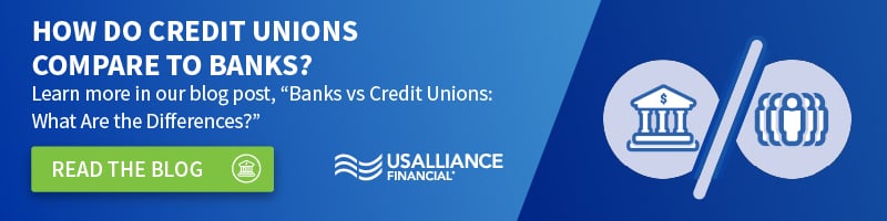 Icons of a bank and people, with the words "How do credit unions compare to banks? Learn more in our blog post, "Banks vs Credit Unions: What Are the Differences?"