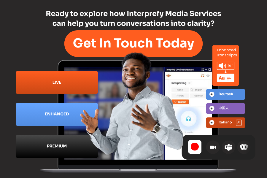 Speaker in front of laptop representing Interprefy Media Services