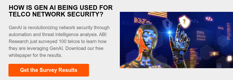 HOW IS GEN AI BEING USED FOR TELCO NETWORK SECURITY?   GenAI is revolutionizing network security through automation and threat intelligence analysis. ABI Research just surveyed 100 telcos to learn how they are leveraging GenAI. Download our free whitepaper for the results.  