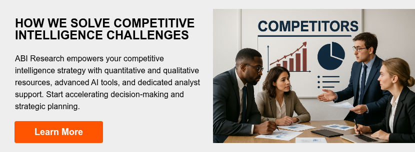   HOW WE SOLVE COMPETITIVE INTELLIGENCE CHALLENGES   ABI Research empowers your competitive intelligence strategy with quantitative and qualitative resources, advanced AI tools, and dedicated analyst support. Start accelerating decision-making and strategic planning.   