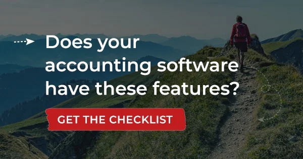 Hiker walking along a mountain trail with text promoting a cloud accounting software features checklist from Gravity Software.