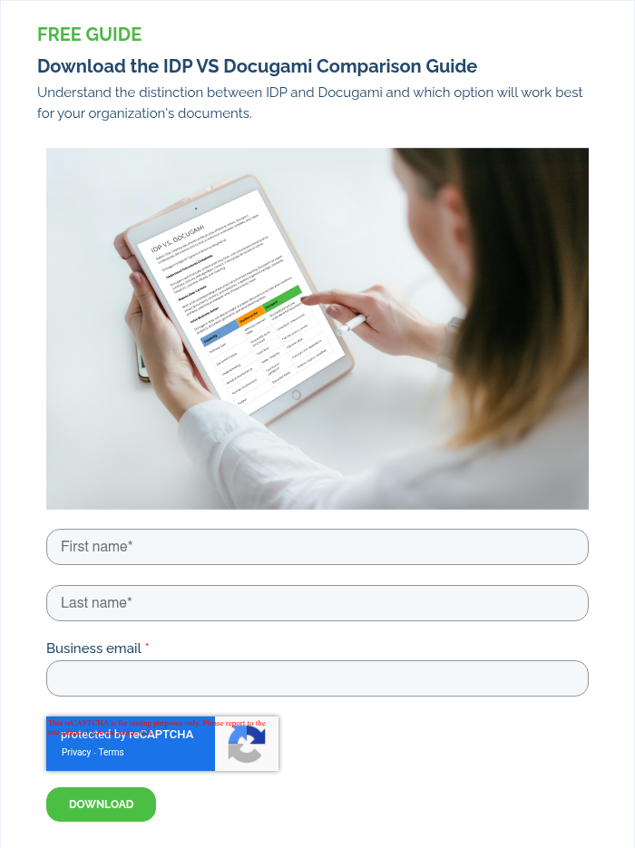 FREE GUIDE Download the IDP VS Docugami Comparison Guide Understand the distinction between IDP and Docugami and which option will work best for your organization's documents.&nbsp; &nbsp;