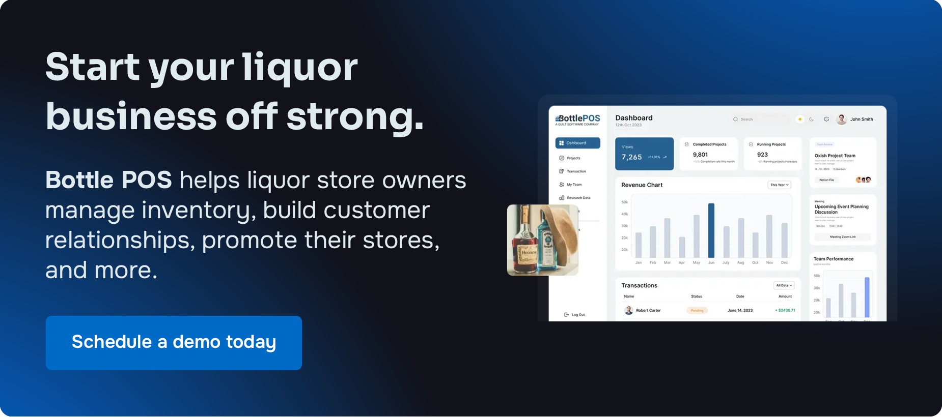 Start your liquor business off strong. Bottle POS helps liquor store owners manage inventory, build customer relationships, promote their stores, and more. Schedule a demo today.