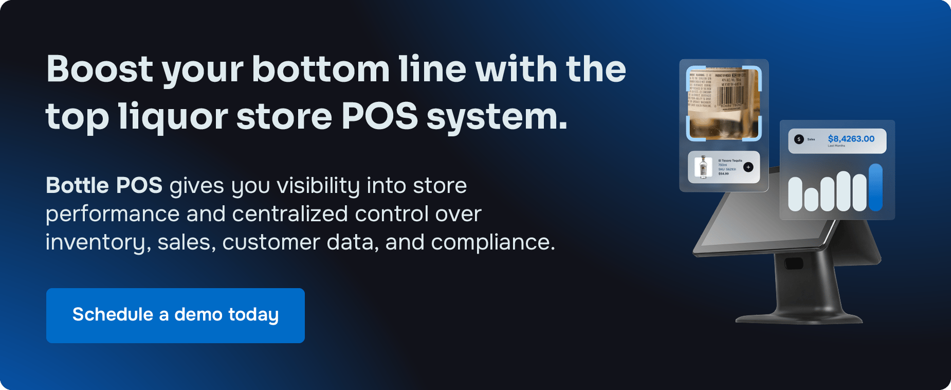 Boost your bottom line with the top liquor store POS system. Bottle POS gives you visibility into store performance and centralized control over inventory, sales, customer data, and compliance. Schedule a demo today.