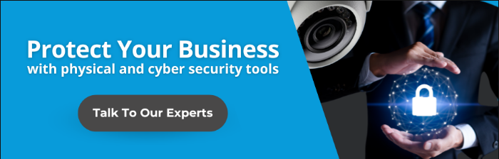 A person holding a virtual padlock and a camera next to them. Text: Protect Your Business with physical and cyber security tools. Button: Talk to our Experts.