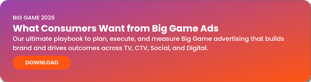 BIG GAME 2026 What Consumers Want from Big Game Ads Our ultimate playbook to plan, execute, and measure Big Game advertising that builds brand and drives outcomes across TV, CTV, Social, and Digital.