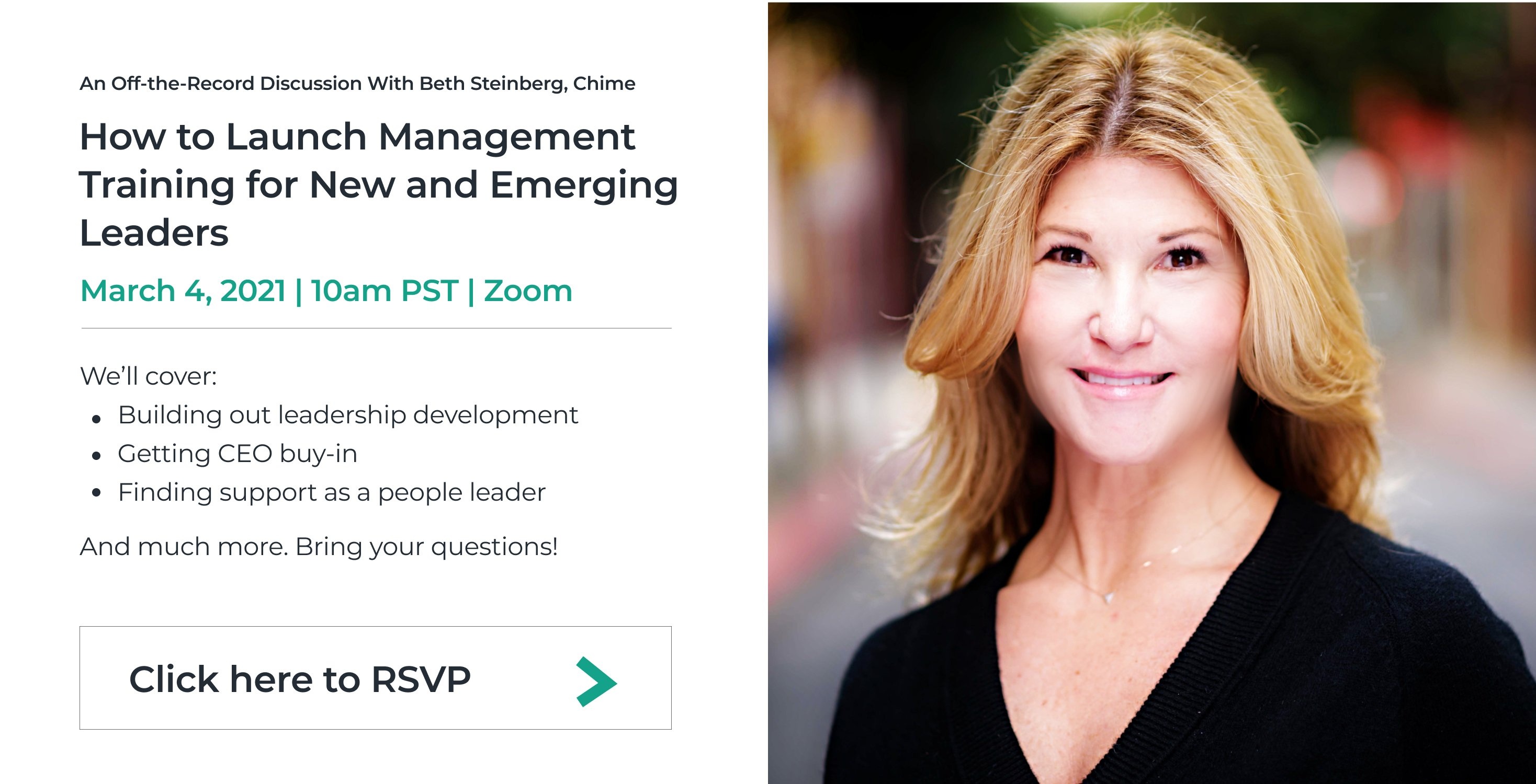 Beth Steinberg, How to Launch Management Training for New and Emerging Leaders, Startup to Scaleup, Click here to RSVP