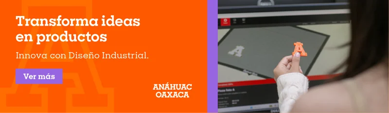 Banner de la Anáhuac Oaxaca que muestra un detalle de una mano sosteniendo una pieza impresa en 3D frente a un monitor, enfocándose en la innovación y transformación de ideas en productos.