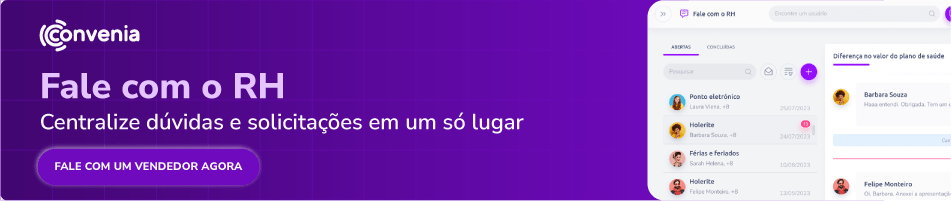 Banner da Convenia promovendo a funcionalidade Fale com o RH, com destaque para a centralização de dúvidas e solicitações em um só lugar.
