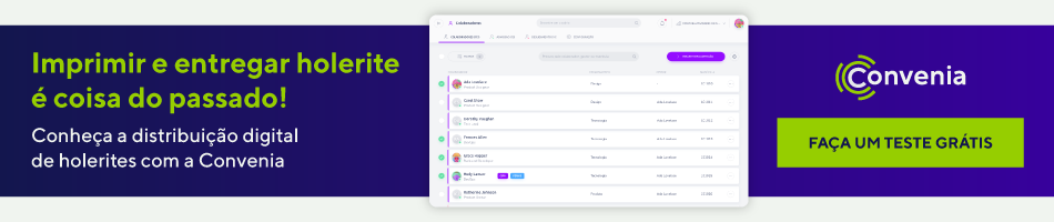 Banner Convenia com mensagem “Imprimir e entregar holerite é coisa do passado”, apresentando a distribuição digital de holerites.