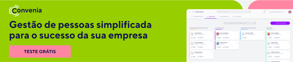 Banner Convenia com mensagem “Gestão de pessoas simplificada para o sucesso da sua empresa”, exibindo tela de colaboradores.