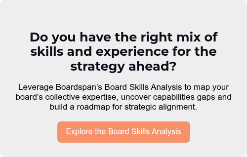Do you have the right mix of skills and experience for the strategy ahead?   Leverage Boardspan’s Board Skills Analysis to map your board’s collective expertise, uncover capabilities gaps and build a roadmap for strategic alignment.