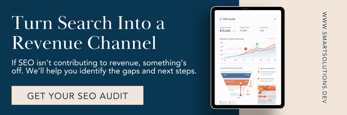 SEO audit dashboard showing organic revenue growth, traffic, conversions, and conversion rate drop-offs with actionable recommendations