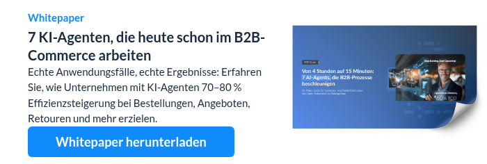 Whitepaper 7 KI-Agenten, die heute schon im B2B-Commerce arbeiten Echte Anwendungsfälle, echte Ergebnisse: Erfahren Sie, wie Unternehmen mit KI-Agenten 70–80 % Effizienzsteigerung bei Bestellungen, Angeboten, Retouren und mehr erzielen.