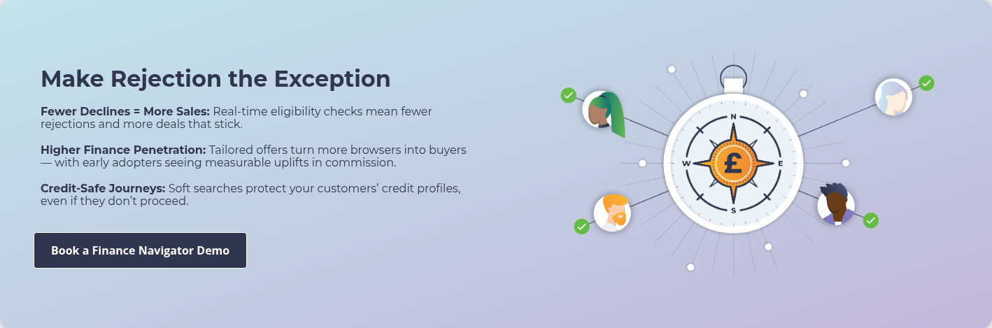 Make Rejection the Exception &nbsp; Fewer Declines = More Sales: Real-time eligibility checks mean fewer rejections and more deals that stick. &nbsp; Higher Finance Penetration: Tailored offers turn more browsers into buyers — with early adopters seeing measurable uplifts in commission. &nbsp; Credit-Safe Journeys: Soft searches protect your customers’ credit profiles, even if they don’t proceed.
