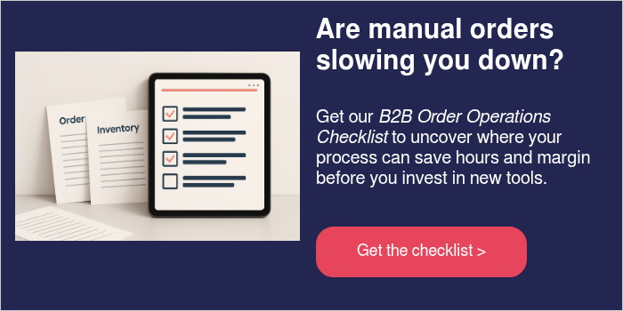 A modern digital workspace with a tablet displaying a structured checklist interface next to a few documents labeled Orders and Inventory Clean lines-3